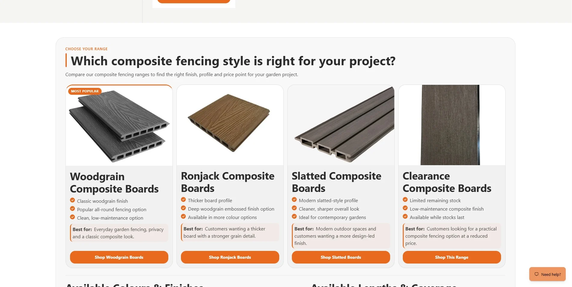 Rebuilt Shopify collection section comparing composite fencing ranges