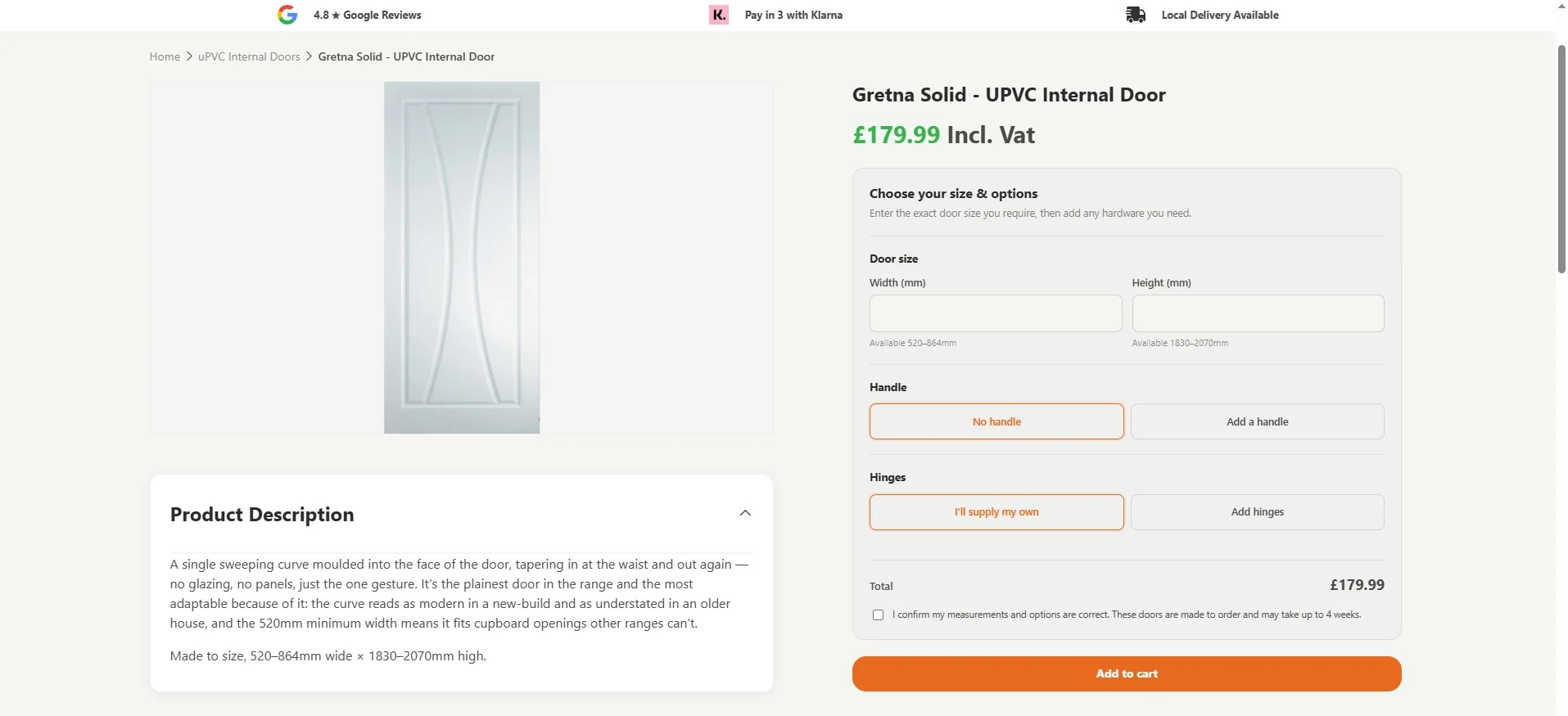 Made-to-order internal door product with custom dimension validation and option pricing