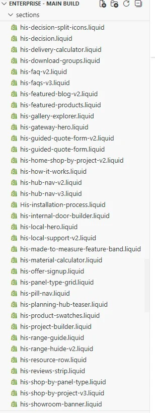 List of custom namespaced Liquid sections in the Shopify theme